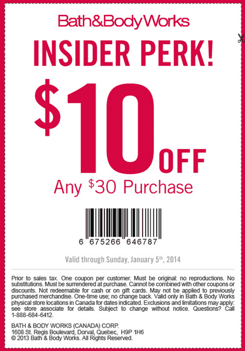 Bath & Body Works Canada Printable Coupons & Deals Save 10 OFF 30