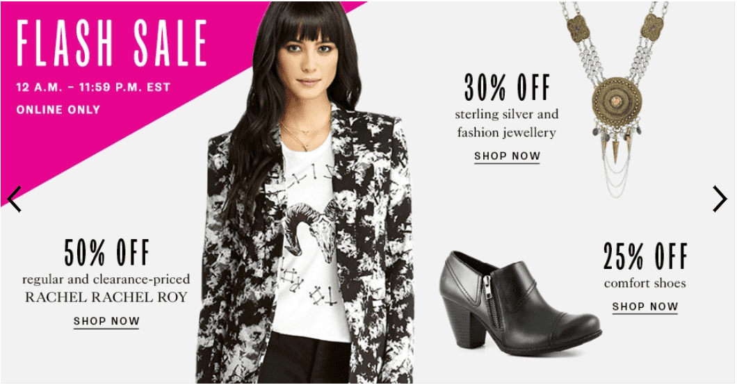 Hudsons Bay Canada Hudsons Bay Online Flash Sale Today: Get 50% Off Rachel Rachel Roy, 30% off Fashion Jewellery & 25% off Comfort Shoes
