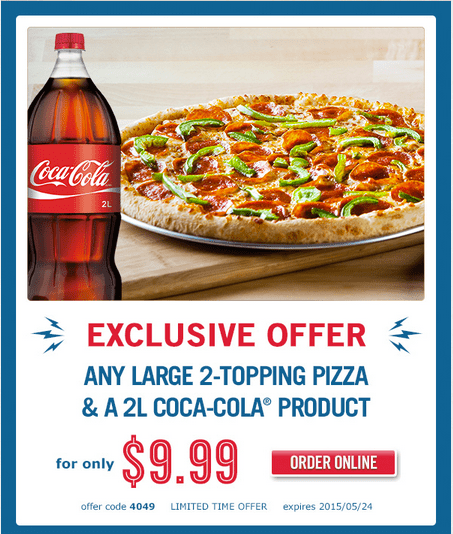 Dominos1 Dominos Pizza Canada Offers: Get Any Large 2 Topping Pizza & A 2L Coca Cola Product For $9.99