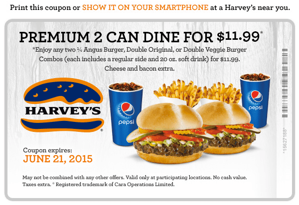 Harvey’s Harvey’s Canada New Coupon: Premium 2 Can Dine For $11.99