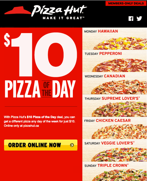 Pizza Hut Canada Online Offers Get A Different Pizza Of The Day Any