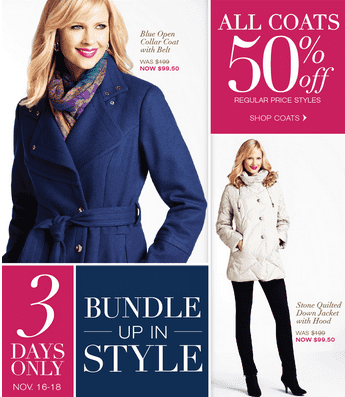 Cleo Offer: All Coats Half-Price this weekend only + Free Shipping ...