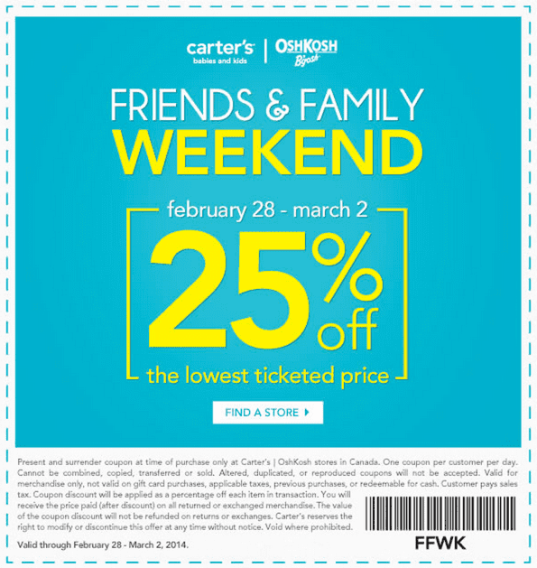 Oshkosh carters promo code GRAB A CARTER'S OSHKOSH COUPON. Here are the types of deals you can expect from Carters Canada: Carters free shipping codes. Site-wide discounts with a Carters promo code. Additional discounts on clearance merchandise when you use a Carters coupon. Carters printable coupons redeemable at a Carters location near you.