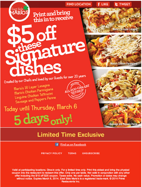 East Side Mario’s Printable Coupons Get 5 OFF Signature Entrées