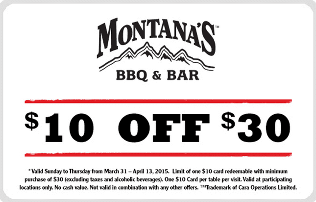 Montana's Canada Coupons: Save $10 OFF $30+ Sunday through Thursday - Hot  Canada Deals Hot Canada Deals