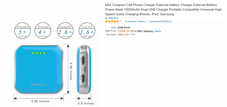 Amazon.ca Mini Compact Cell Phone Charger External battery Charger ...