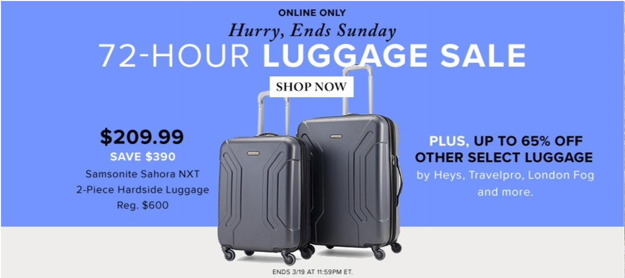 Hudson's Bay Canada 72Hour Luggage Sale Save 65 on Luggage + Extra