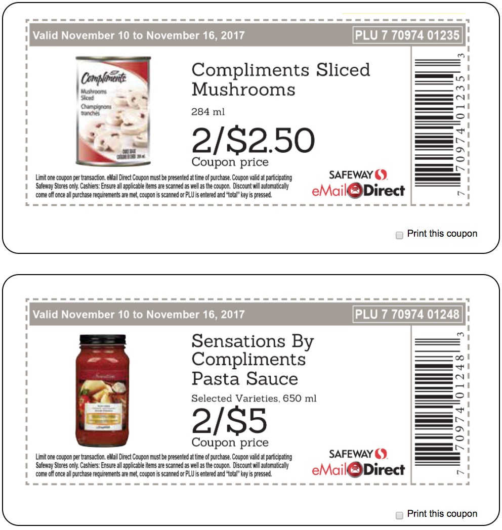 Safeway, Sobeys Canada Weekly Coupons: Compliments Sliced Mushrooms, 2 for $2.50, Pasta Sauce, 2 ...