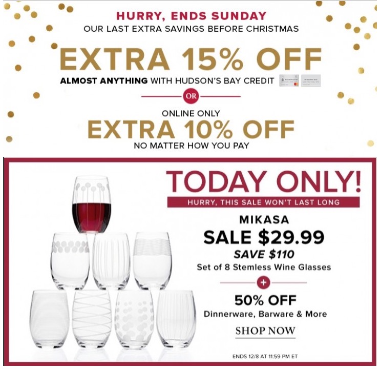 Hudson's Bay Canada Sale 29.99 for Set of 8 Stemless Wine Glasses 50