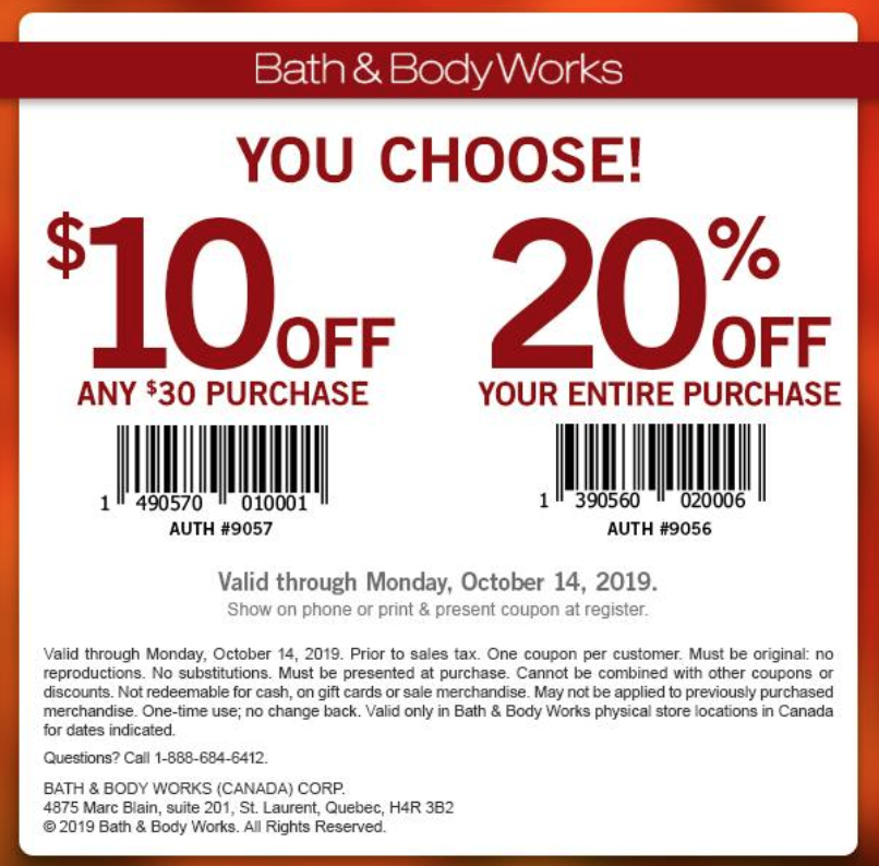 Bath & Body Works Canada Coupon 20 Off or 10 Off Any 30 Purchase