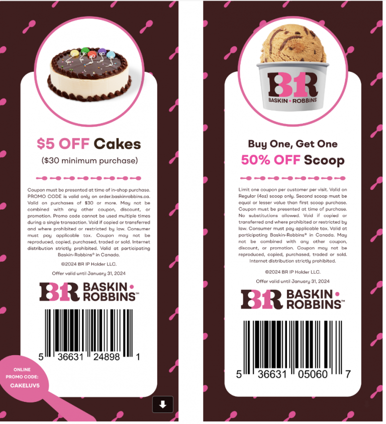 Baskin Robbins Canada New Coupons BOGO 50 Off Scoops + 5 off Cake