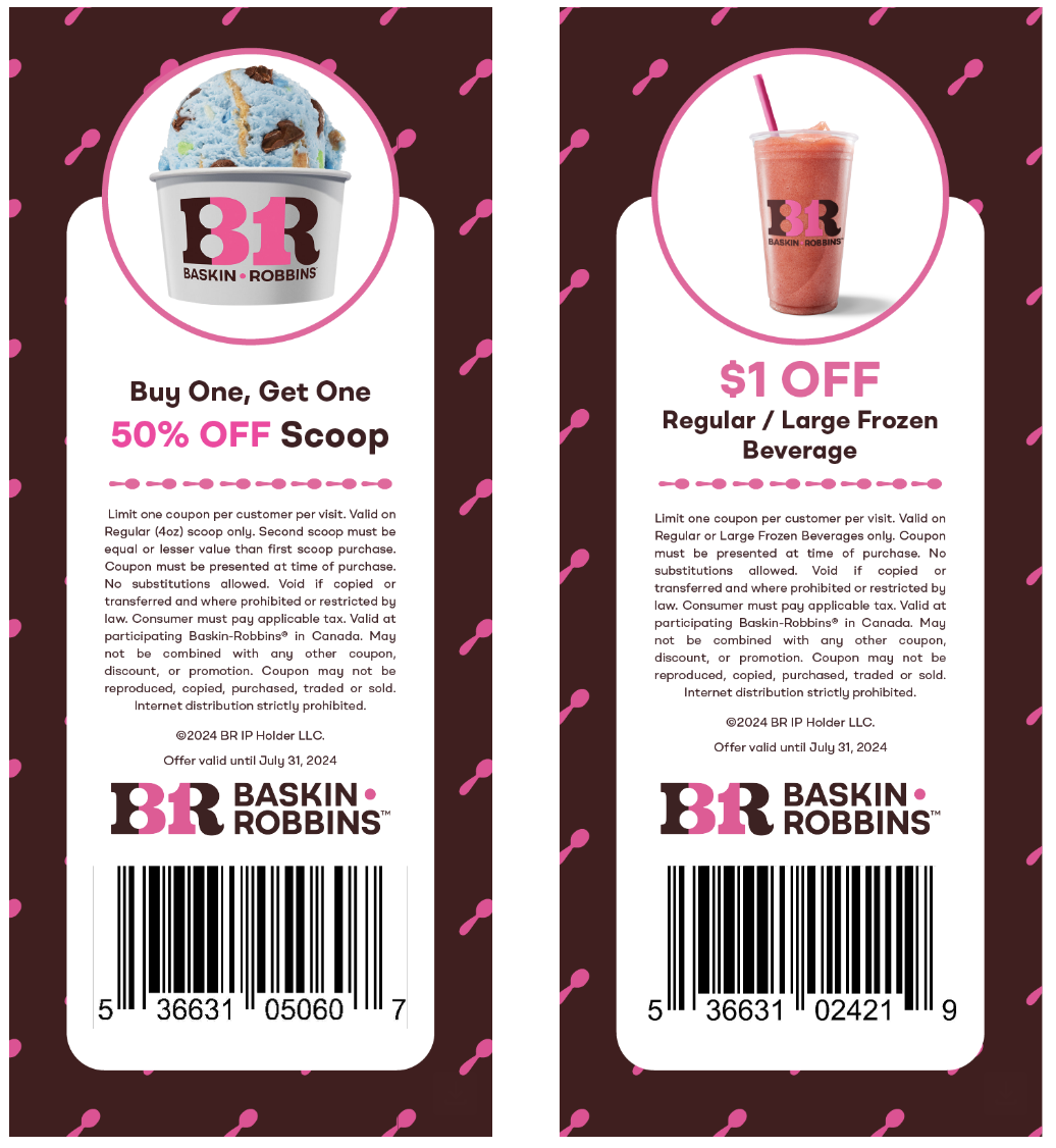 Baskin Robbins Canada New Coupons BOGO 50 Off Scoops + 1 off Frozen